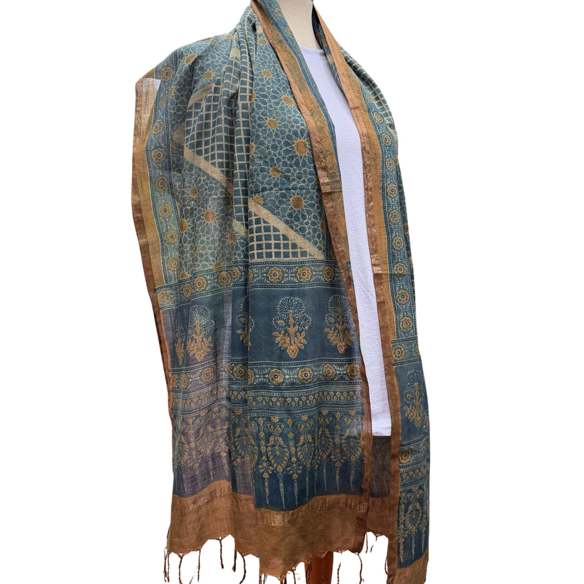 Block Print Cotton Scarf, Indigo and Gold