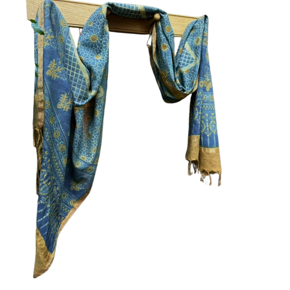 Block Print Cotton Scarf, Indigo and Gold