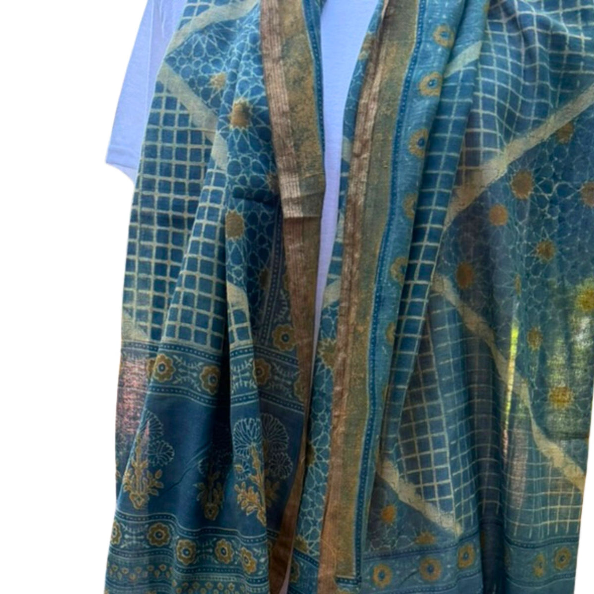 Block Print Cotton Scarf, Indigo and Gold