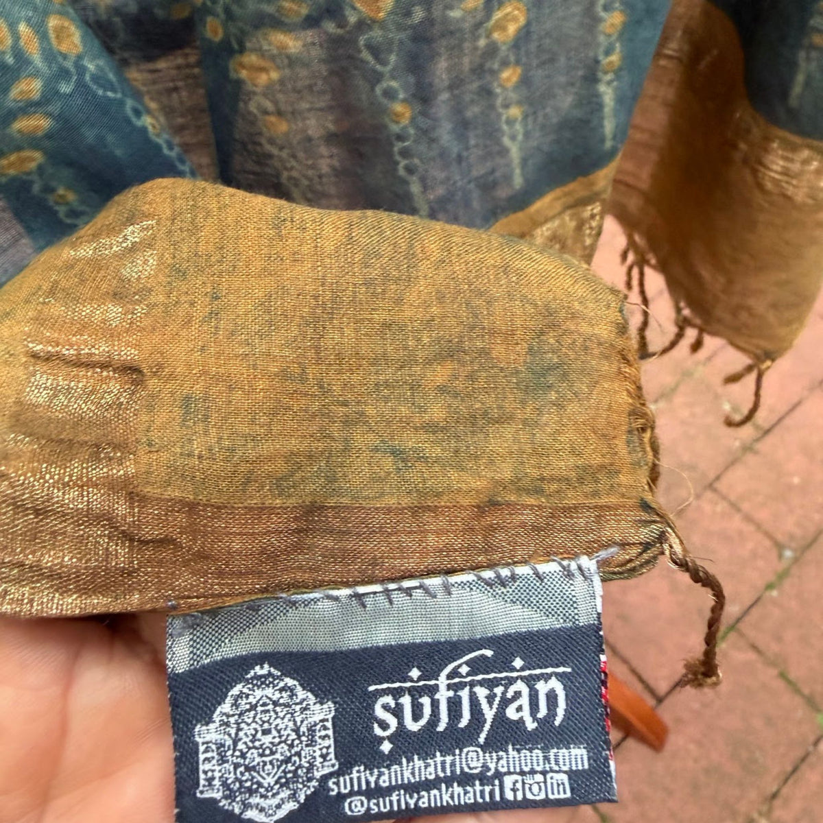 Block Print Cotton Scarf, Indigo and Gold