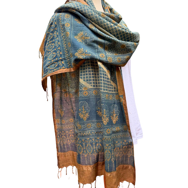 Block Print Cotton Scarf, Indigo and Gold