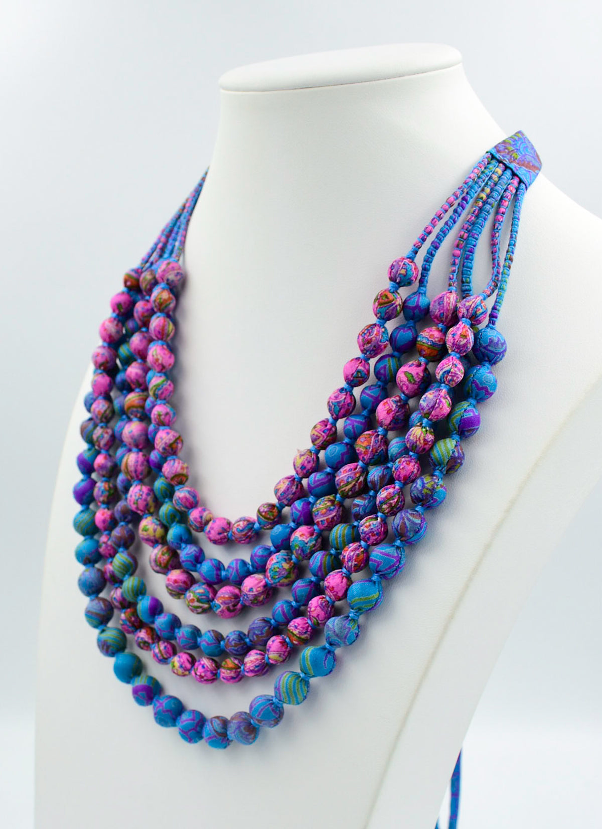 Nantucket Sound — Sari Silk Bead Necklace, 6-String — Pink and Blue