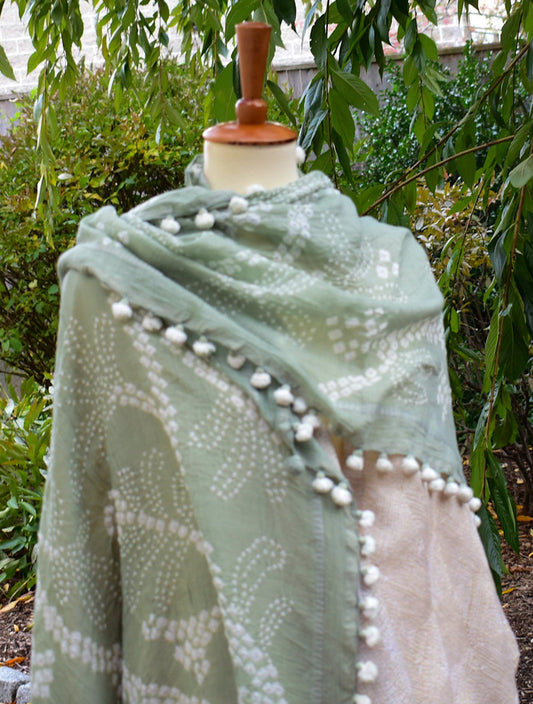 Cotton-Silk Bandhani Scarf — Mint — draped