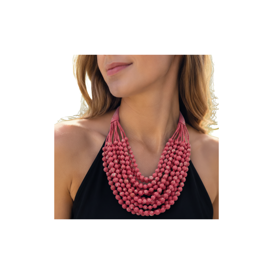 Rosie — Sari Silk Bead Necklace, 12-String — Deep Rose