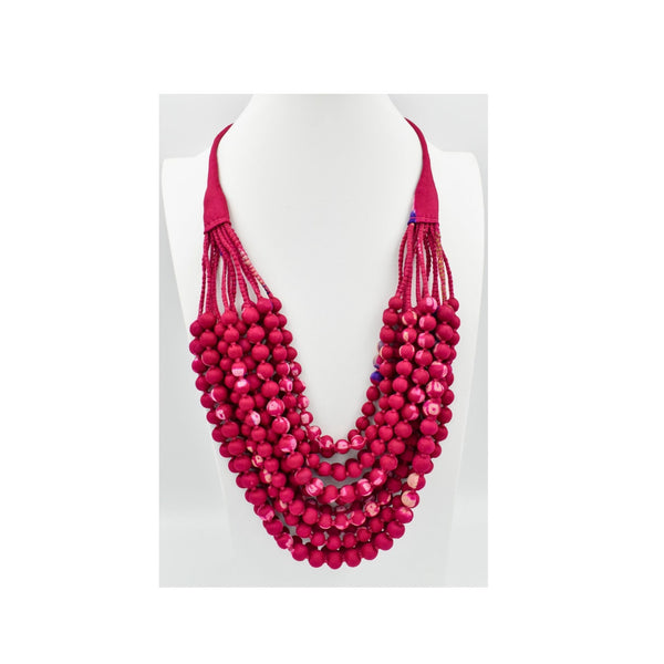 Electric — Sari Silk Bead Necklace, 12-String — Strong Pink