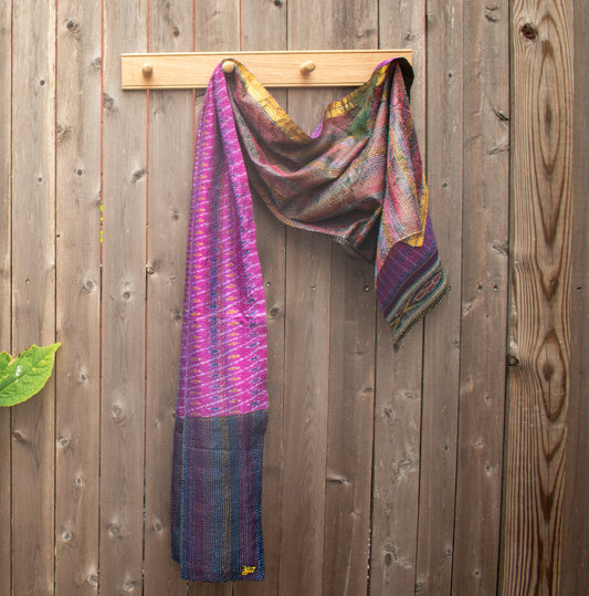 Kantha Silk Sari Shawl — Pink Ikat