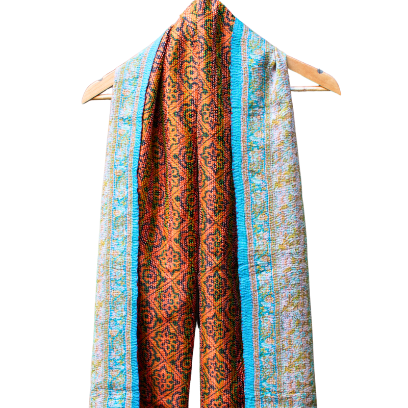 Kantha Silk Sari Shawl — Rust Floral Print