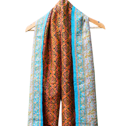 Kantha Silk Sari Shawl — Rust Floral Print