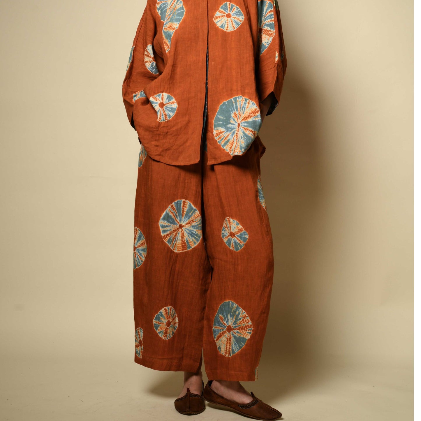 Linen Pants - Rust & Sky Blue Bandhani