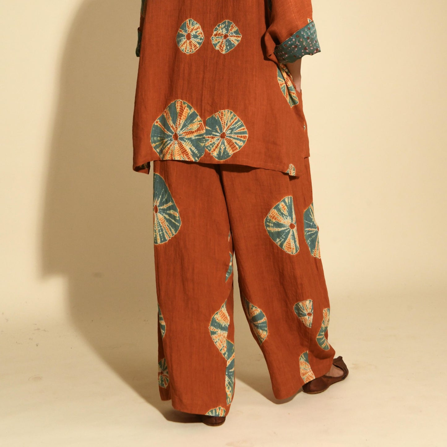 Linen Pants - Rust & Sky Blue Bandhani