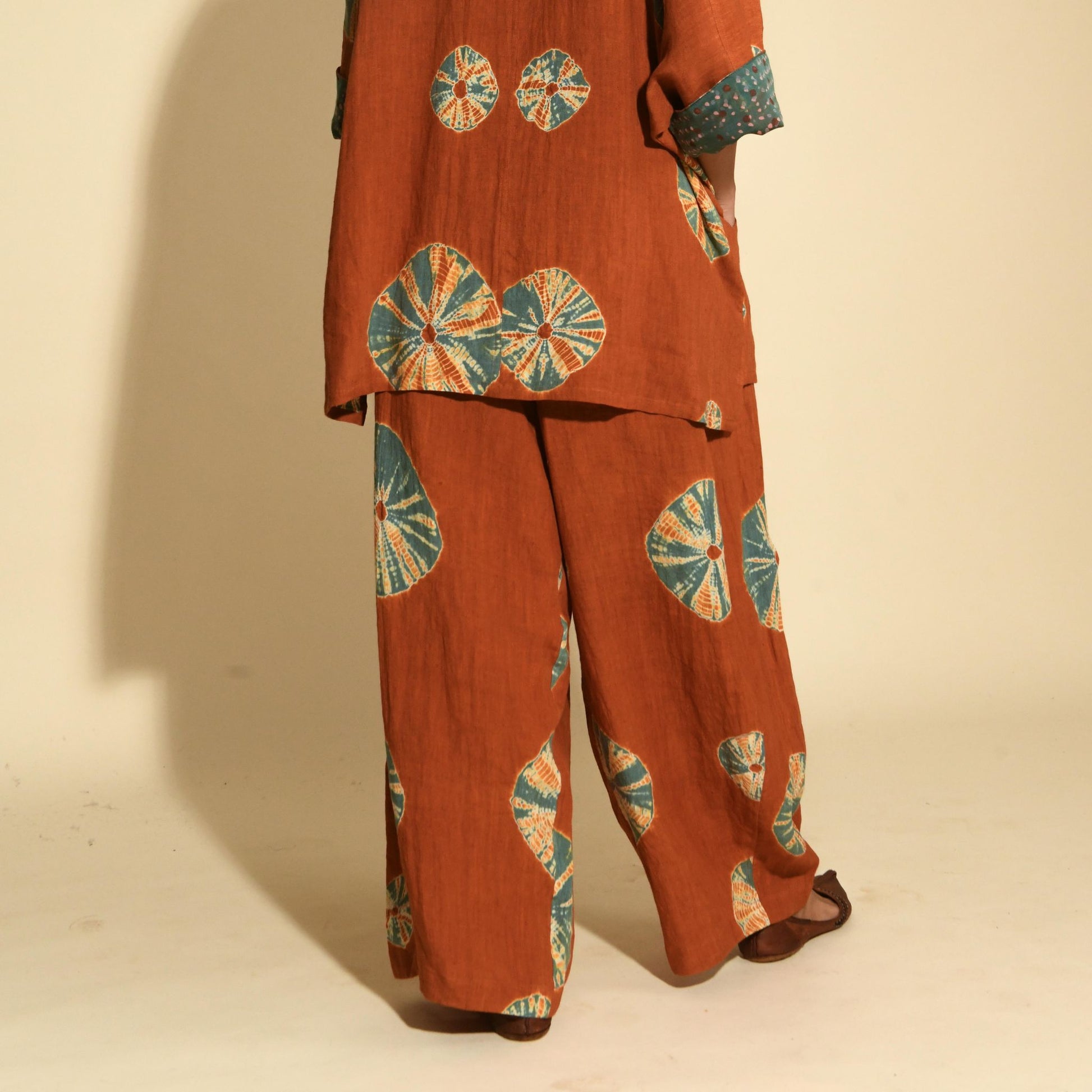 Linen Pants - Rust & Sky Blue Bandhani