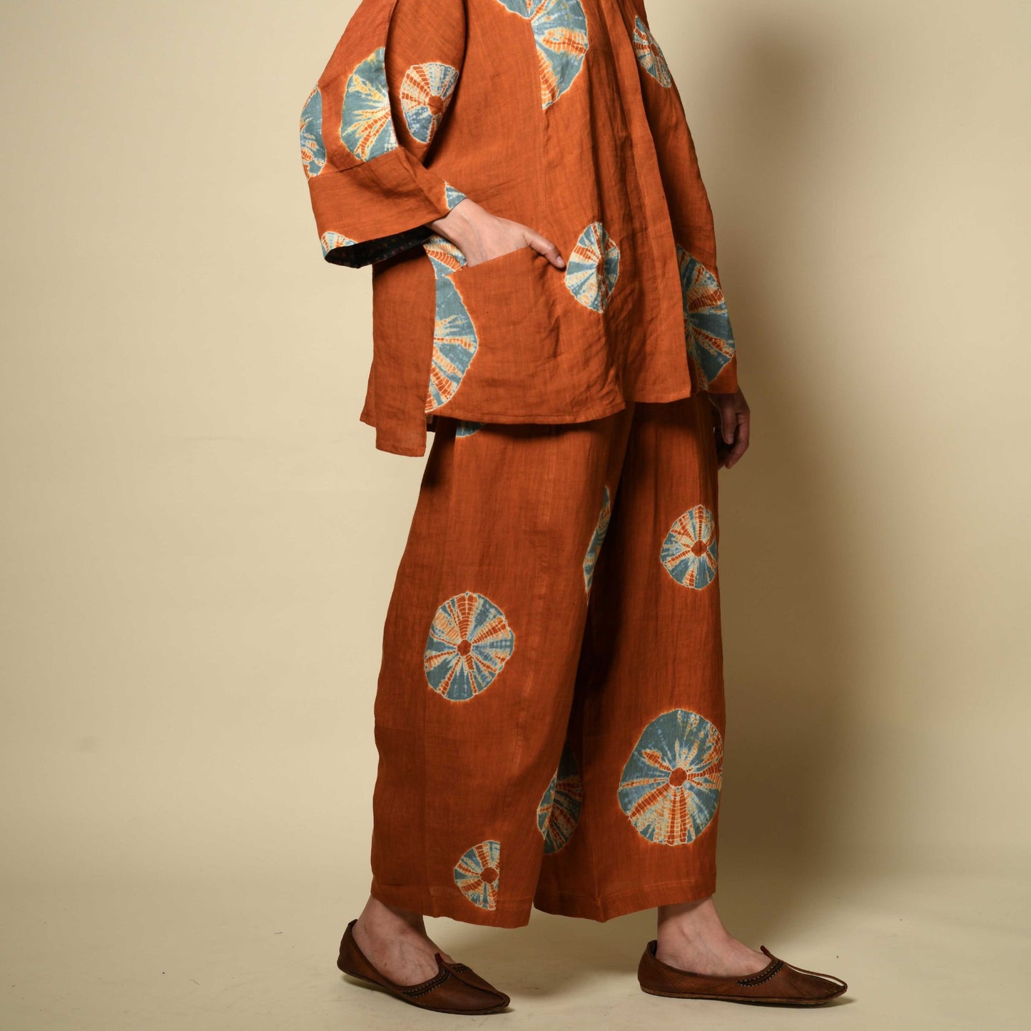 Linen Pants - Rust & Sky Blue Bandhani