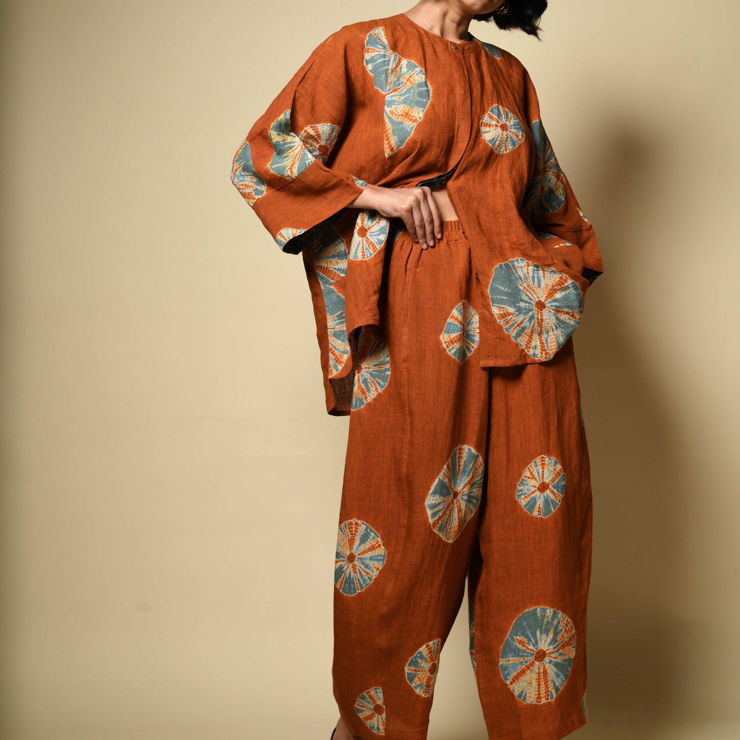 Linen Pants - Rust & Sky Blue Bandhani