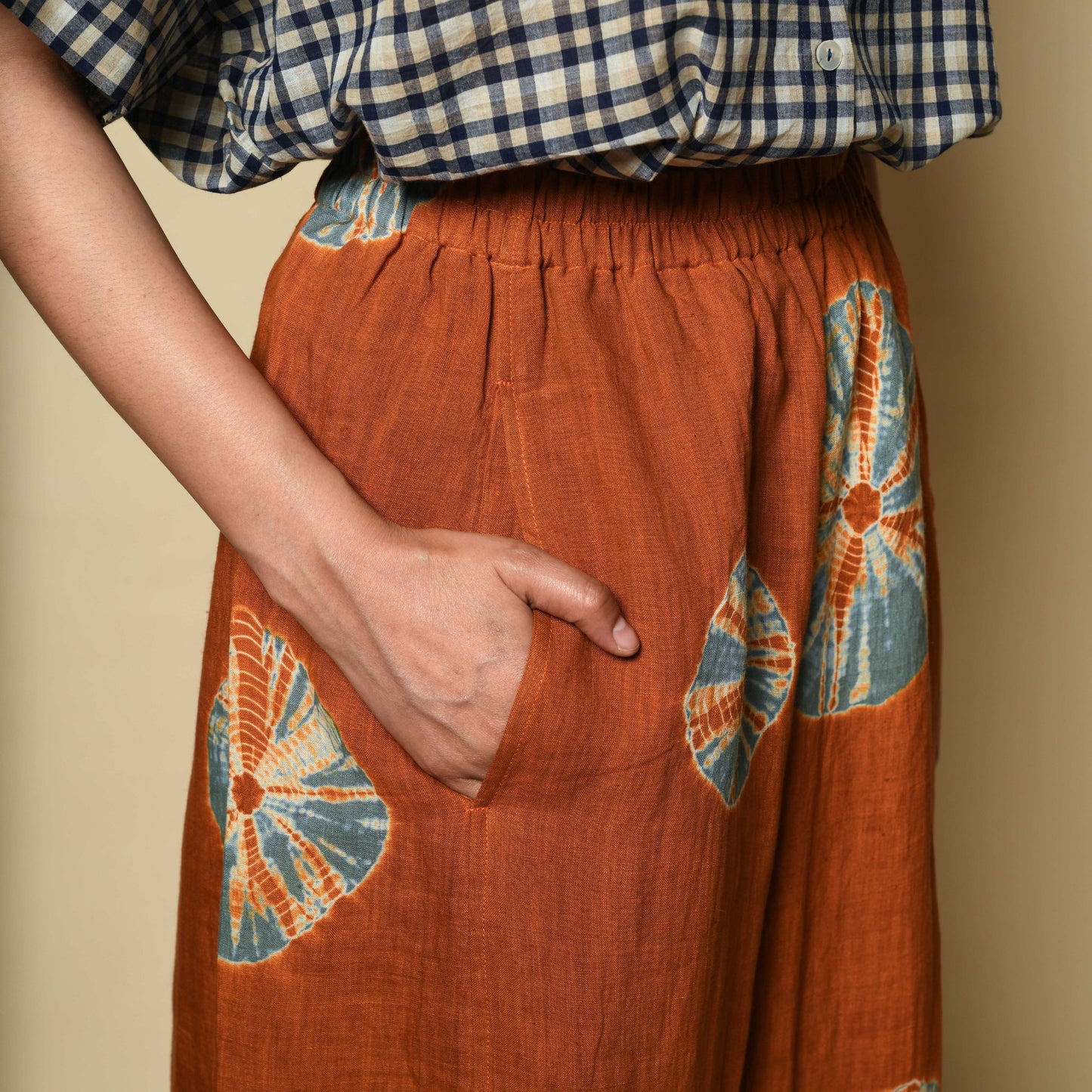 Linen Pants - Rust & Sky Blue Bandhani