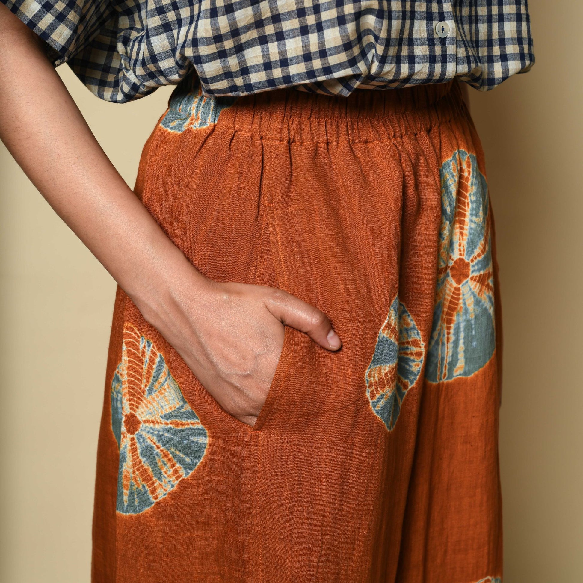 Linen Pants - Rust & Sky Blue Bandhani