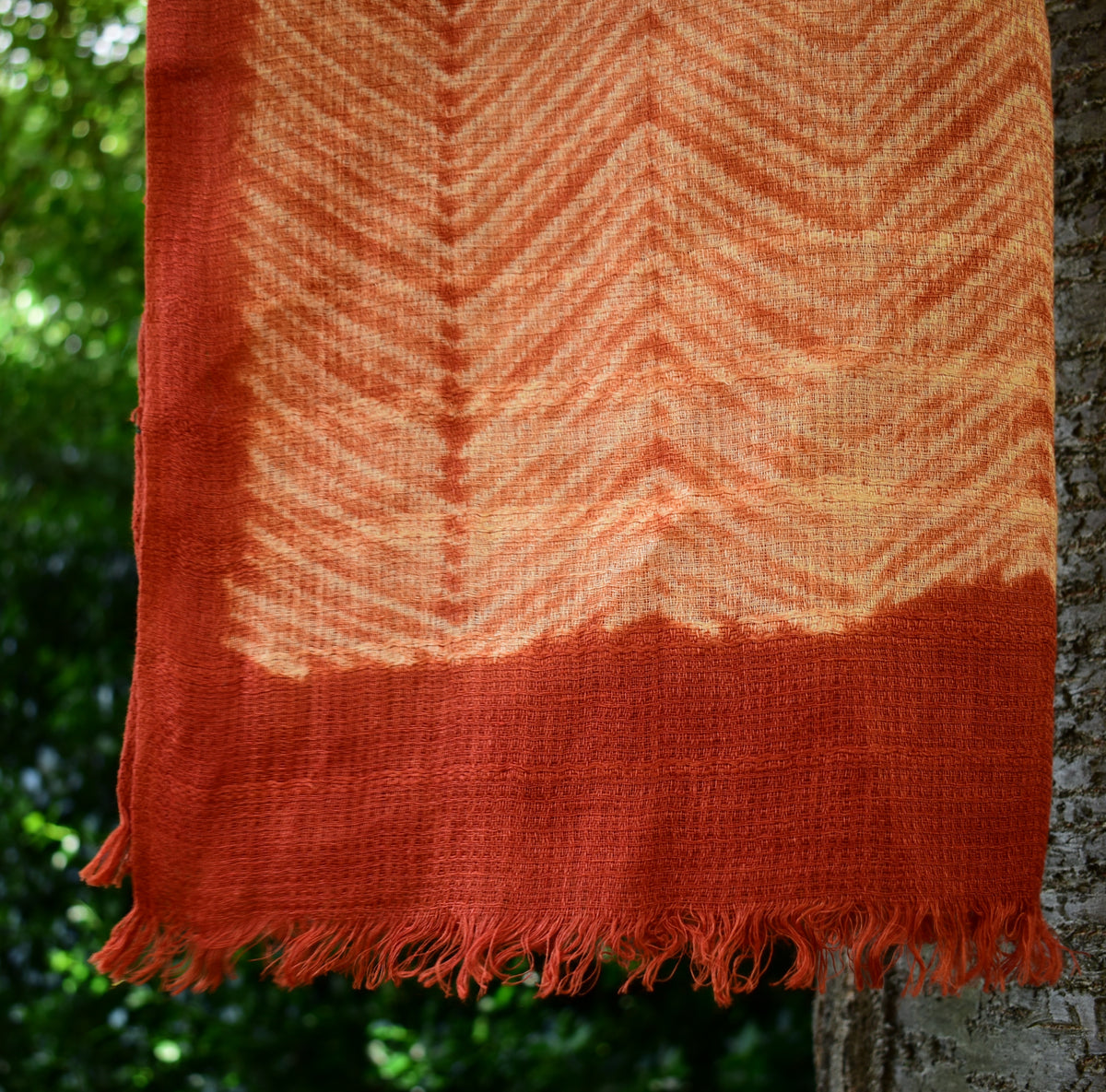 Linen Shibori Scarf — Burnt Orange Chevron — texture detail