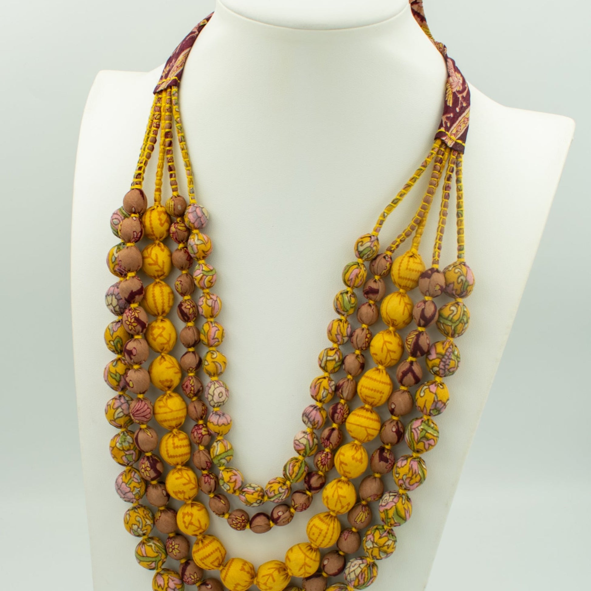 Sari Silk Bead Necklace, 5-String — Mustard and Chocolate — detail of beads