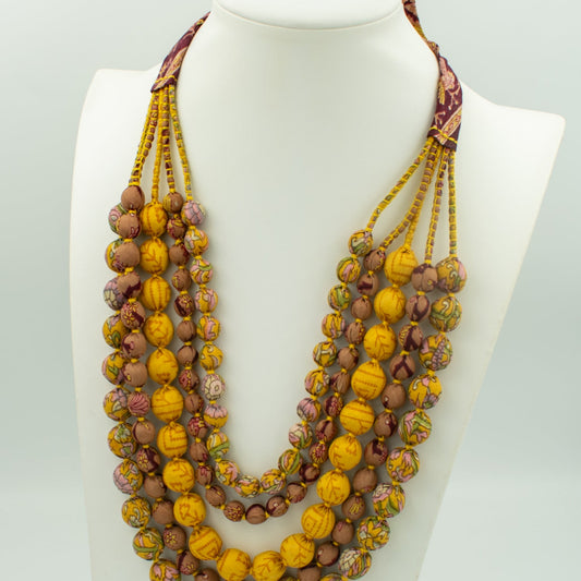 Sari Silk Bead Necklace, 5-String — Mustard and Chocolate — detail of beads