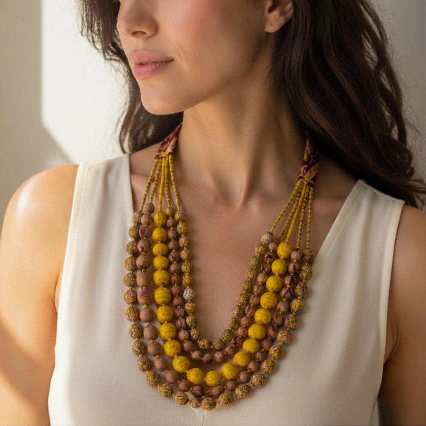 Sari Silk Bead Necklace, 5-String — Mustard and Chocolate