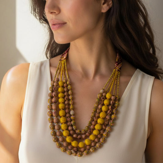 Sari Silk Bead Necklace, 5-String — Mustard and Chocolate