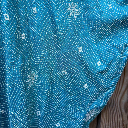 Wild Tussar Silk Kantha Robe — Blue Floral