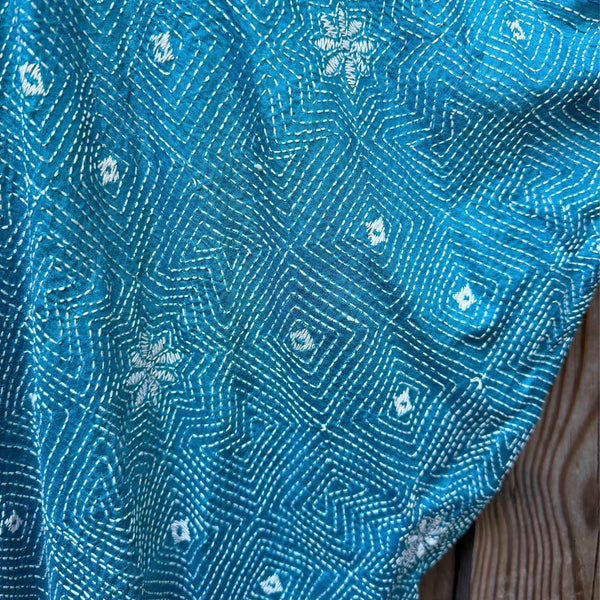Wild Tussar Silk Kantha Robe — Blue Floral