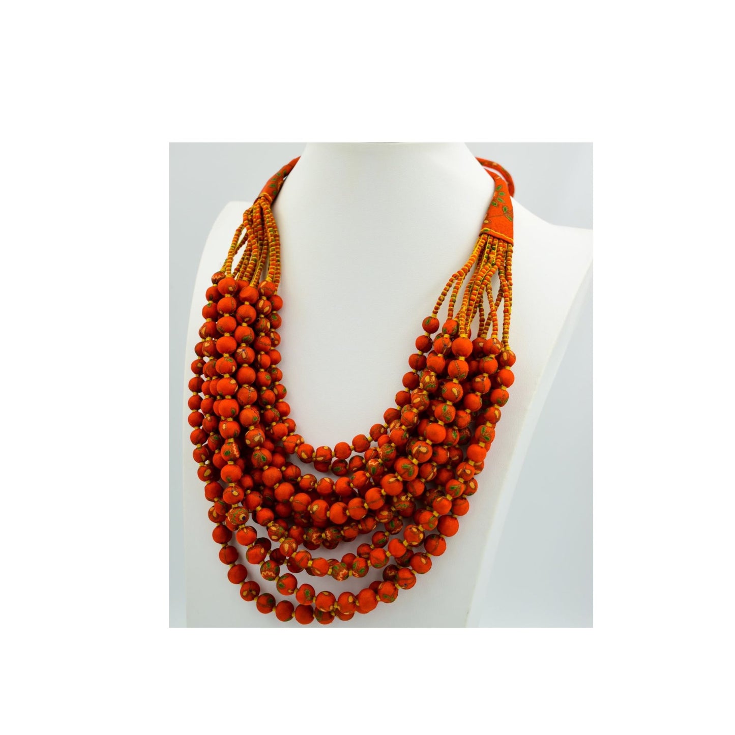 Fiesta — Sari Silk Bead Necklace, 12-String — Orange and Green