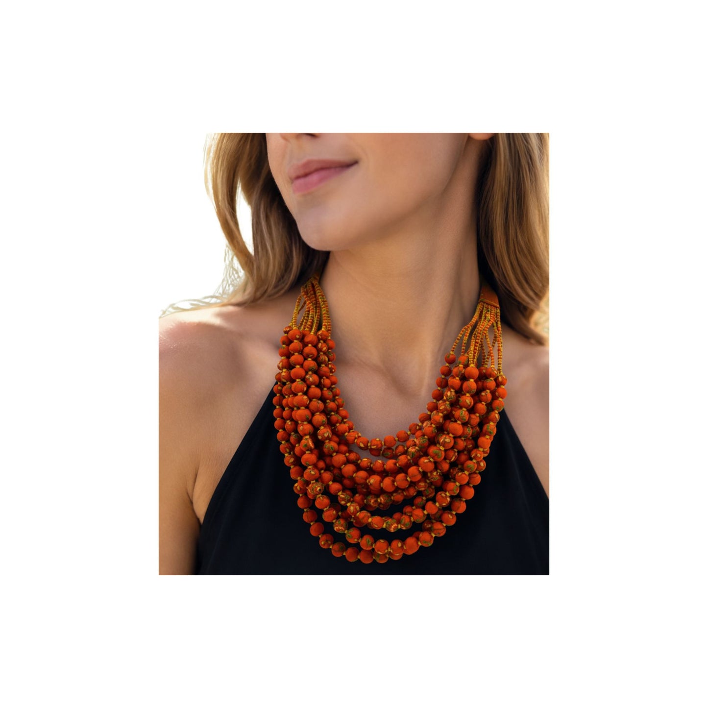 Fiesta — Sari Silk Bead Necklace, 12-String — Orange and Green