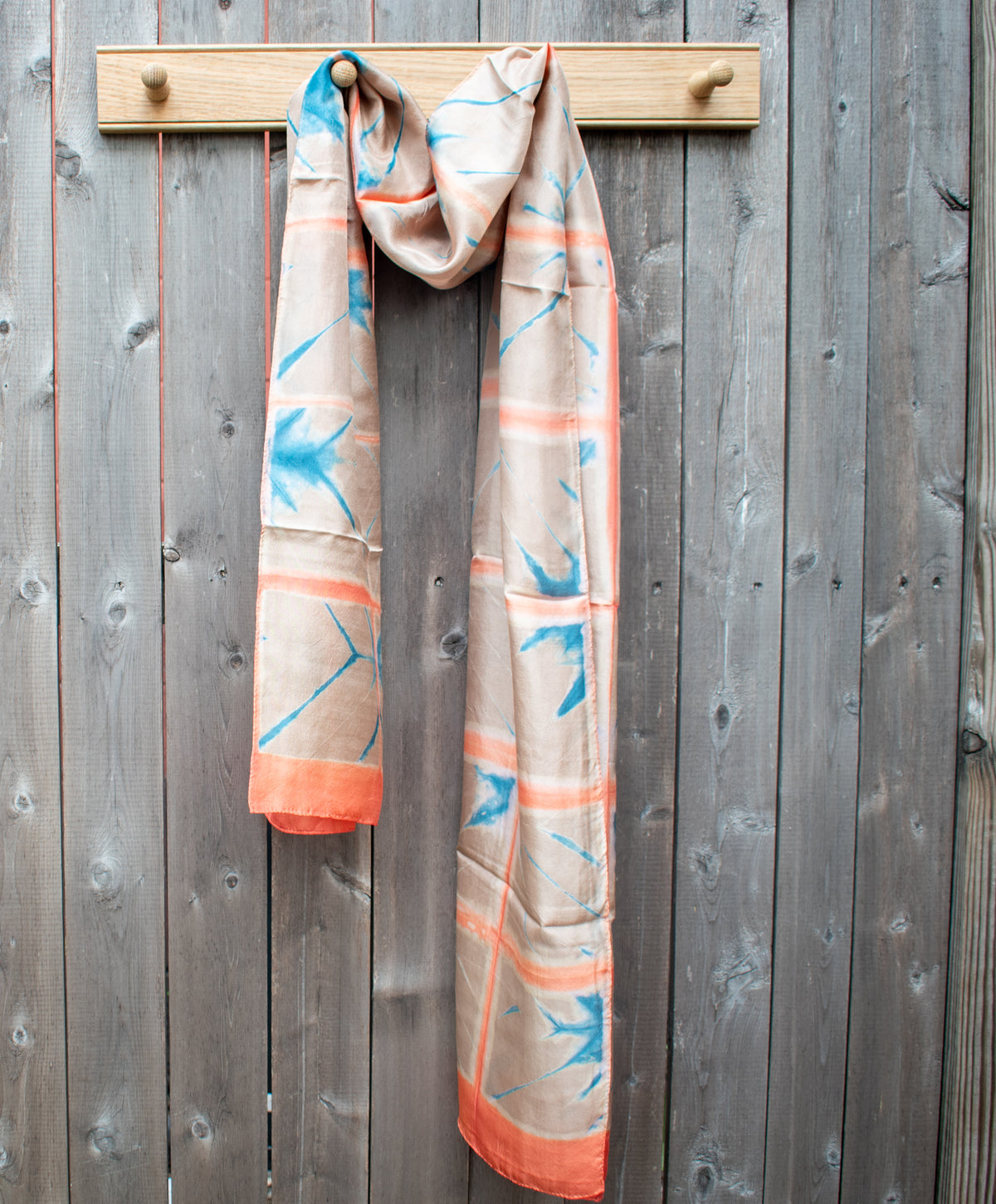 Silk Shibori Scarf — Beige, Peach and Indigo — draped