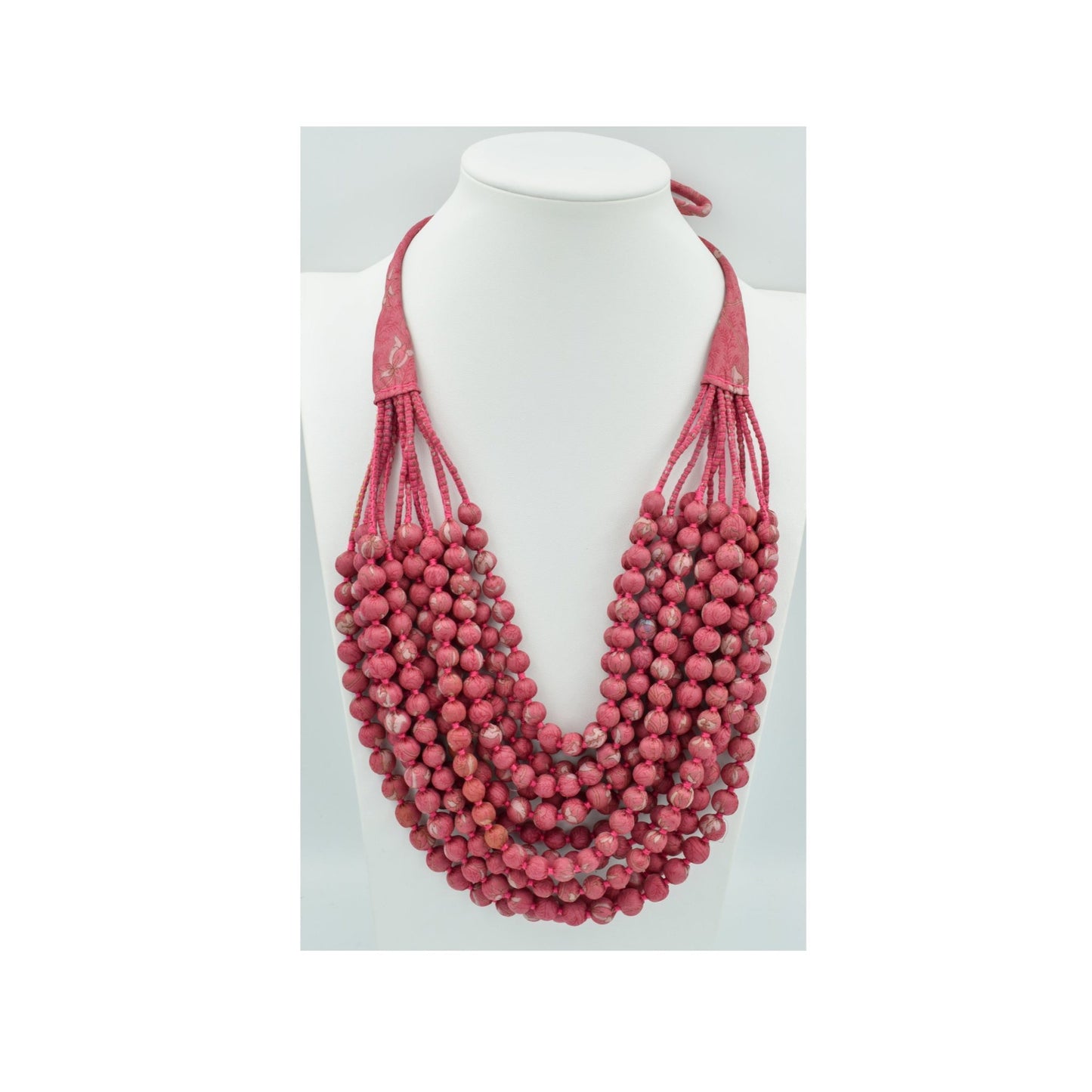 Rosie — Sari Silk Bead Necklace, 12-String — Deep Rose