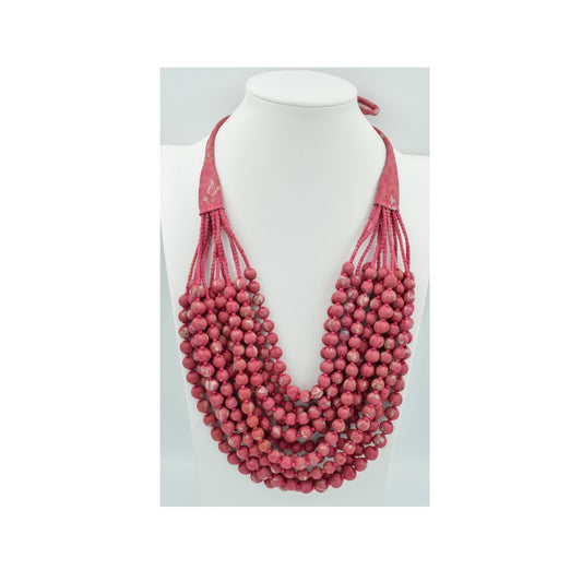 Rosie — Sari Silk Bead Necklace, 12-String — Deep Rose