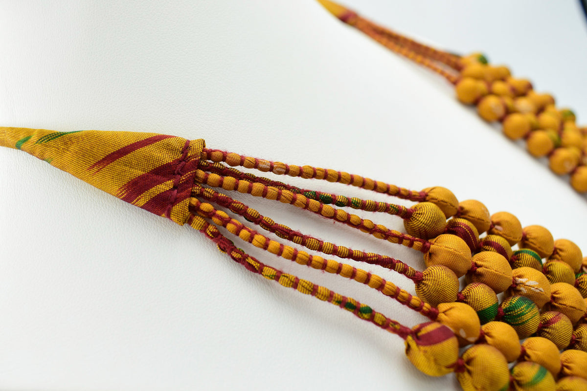 Gold Dust — Sari Silk Bead Necklace, 6-String — Mustard and Maroon — worn on neck
