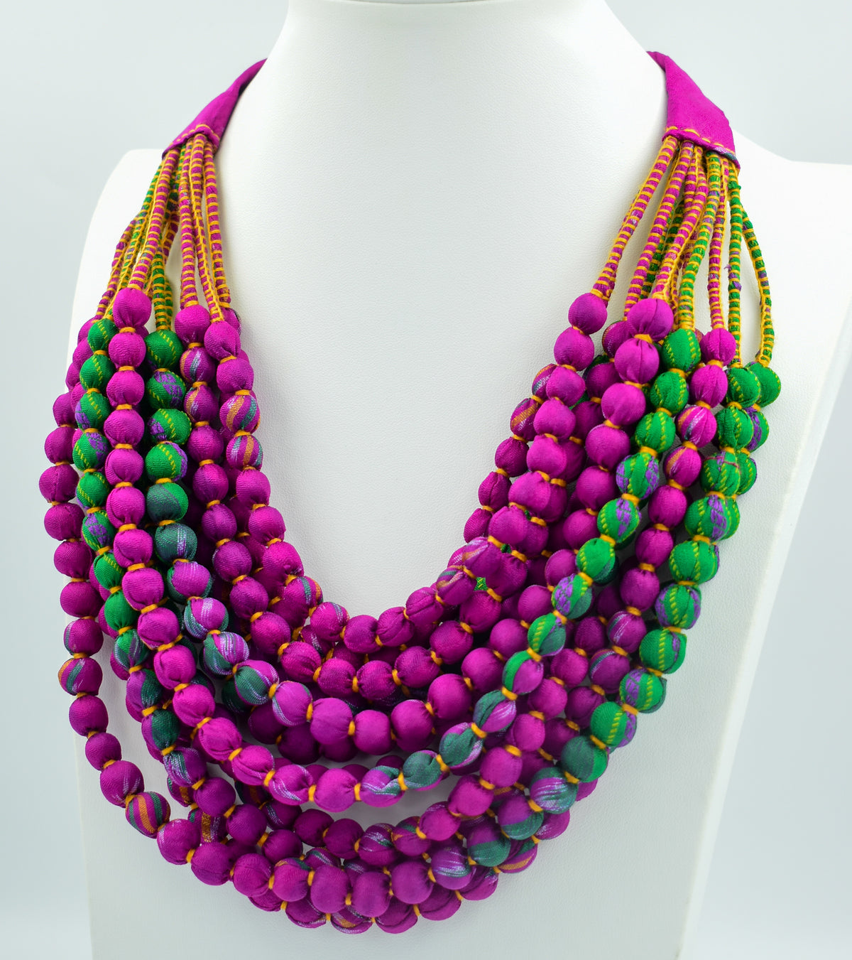 Coleus — Sari Silk Bead Necklace, 12-String — Fuchsia and Green