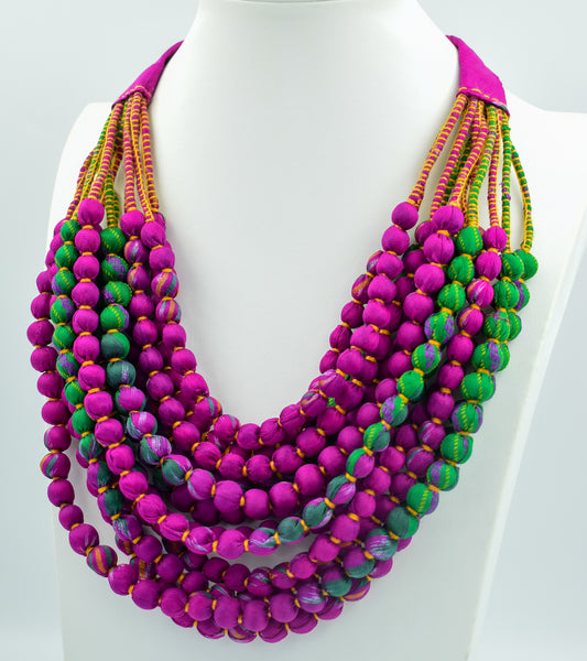 Coleus — Sari Silk Bead Necklace, 12-String — Fuchsia and Green