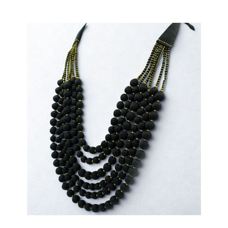 Raven Gold — Sari Silk Bead Necklace, 6-String — Black and Gold