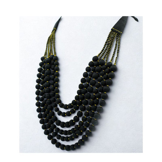 Raven Gold — Sari Silk Bead Necklace, 6-String — Black and Gold