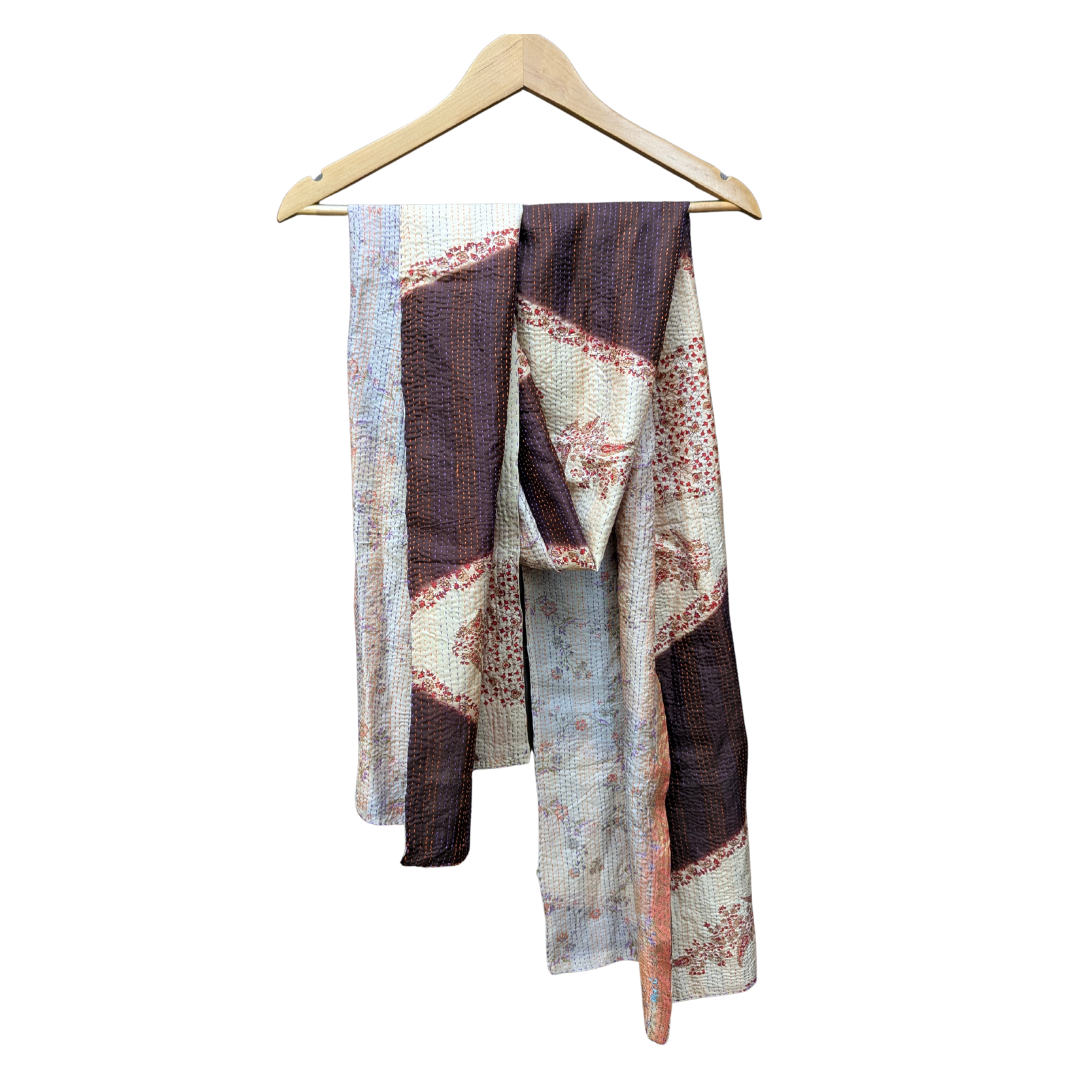 Kantha Silk Sari Shawl — Brown and Cream Floral
