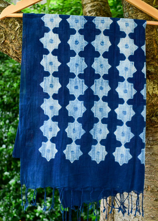 Cotton Shibori Scarf — Indigo Star Pattern