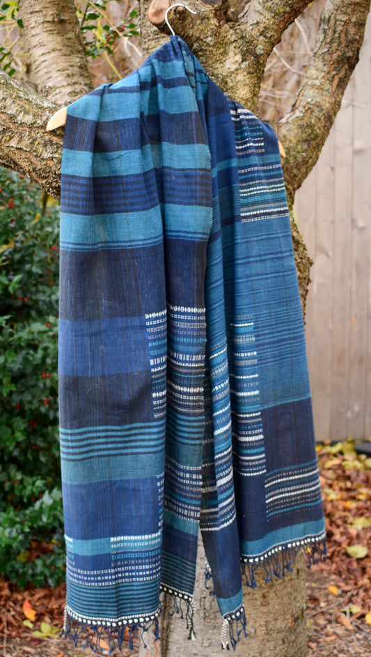 Kala Cotton Scarf — Shades of Blue, Extra Weft — draped