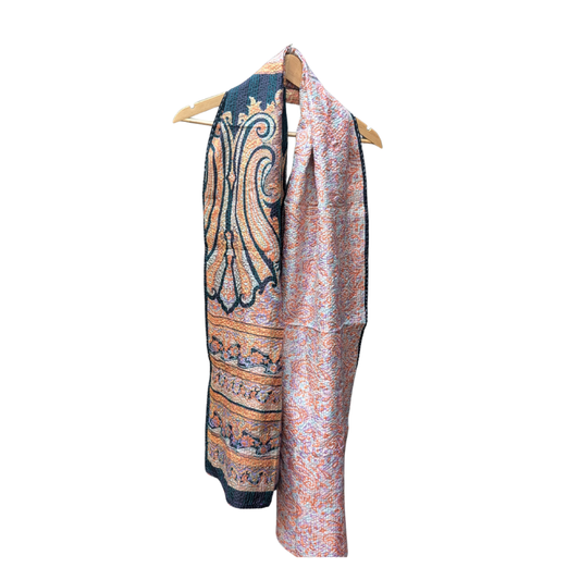 Kantha Silk Sari Shawl — Orange, Black and Peach — draped