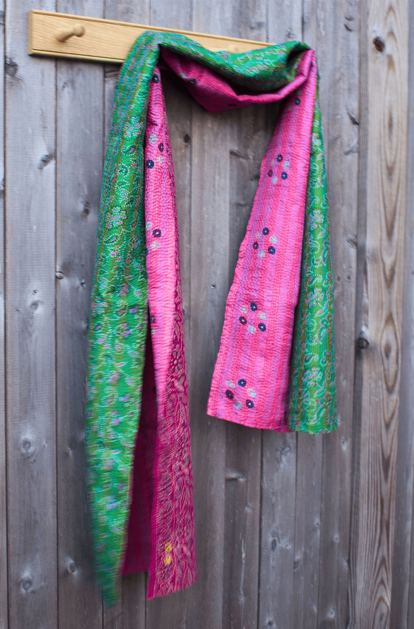 Kantha Silk Sari Shawl — Pink and Green Print