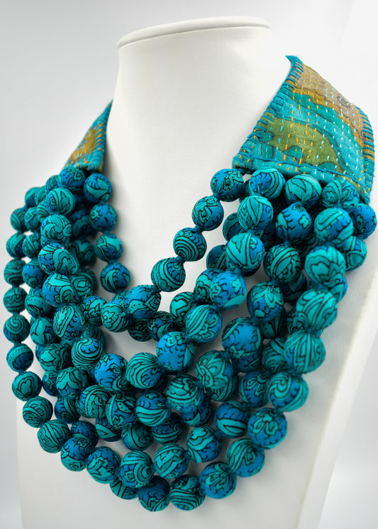 Teal Magic — Sari Kantha Bead Necklace — Blue and Green