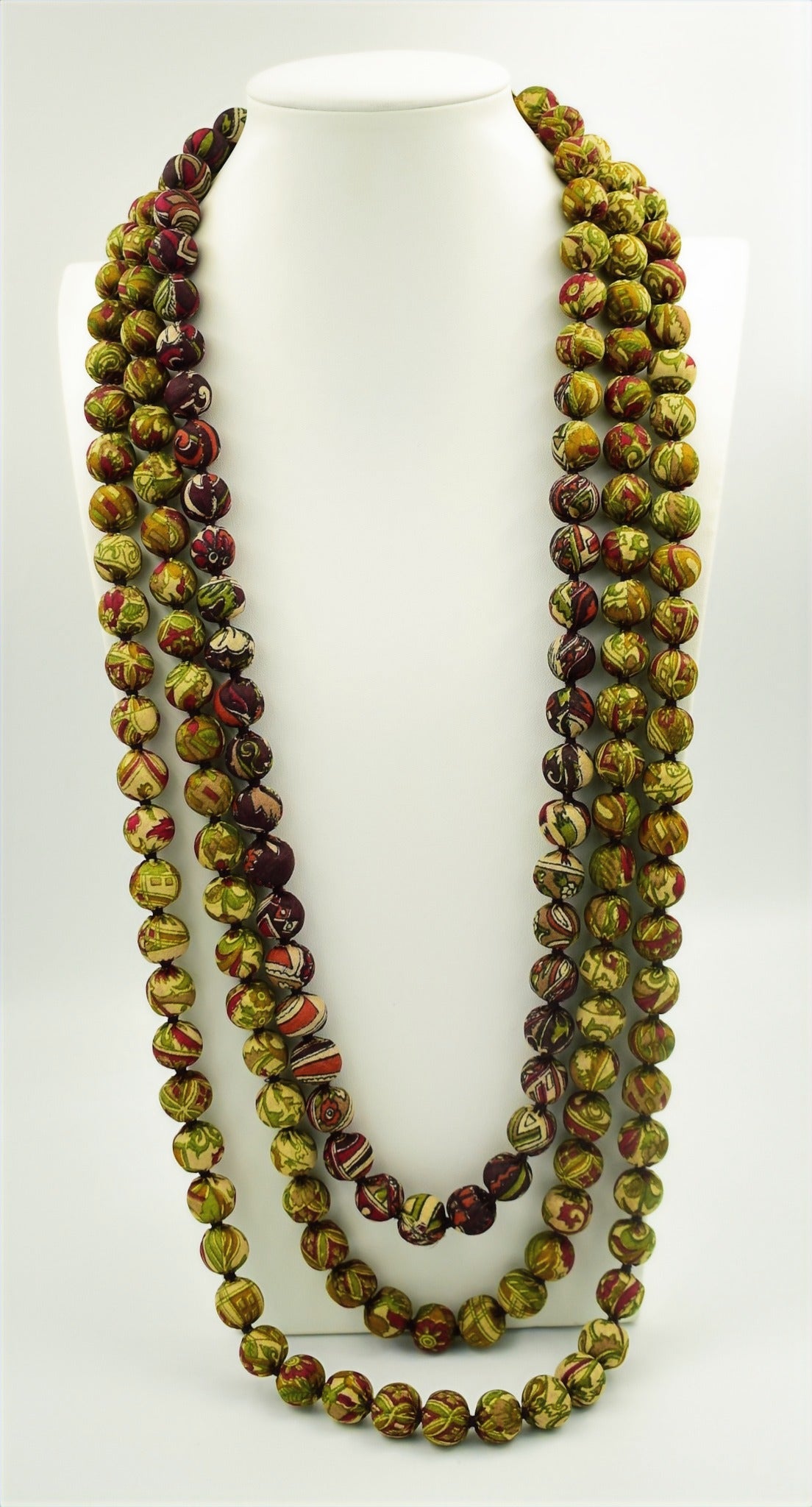 Sari Silk Bead Necklace, 3-String — Green, Maroon and Rust