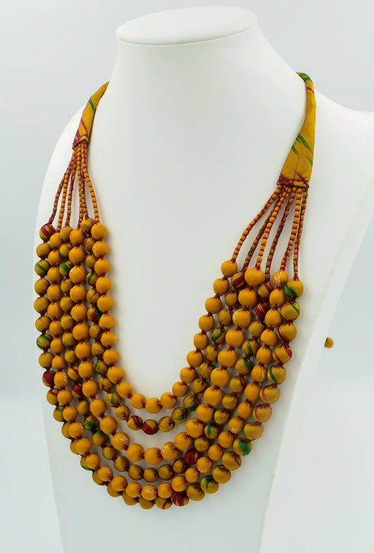 Gold Dust — Sari Silk Bead Necklace, 6-String — Mustard and Maroon